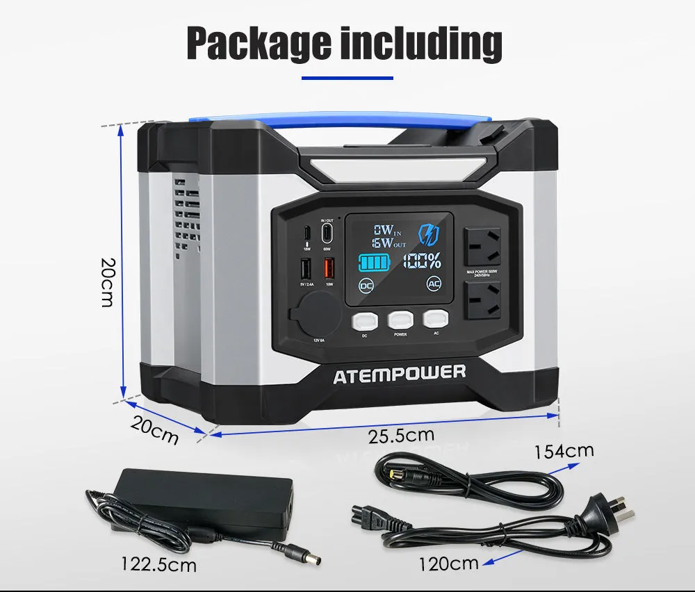 Atem Power AP500X 500W 518Wh Portable Power Station Generator Solar Power Charging Battery Backup