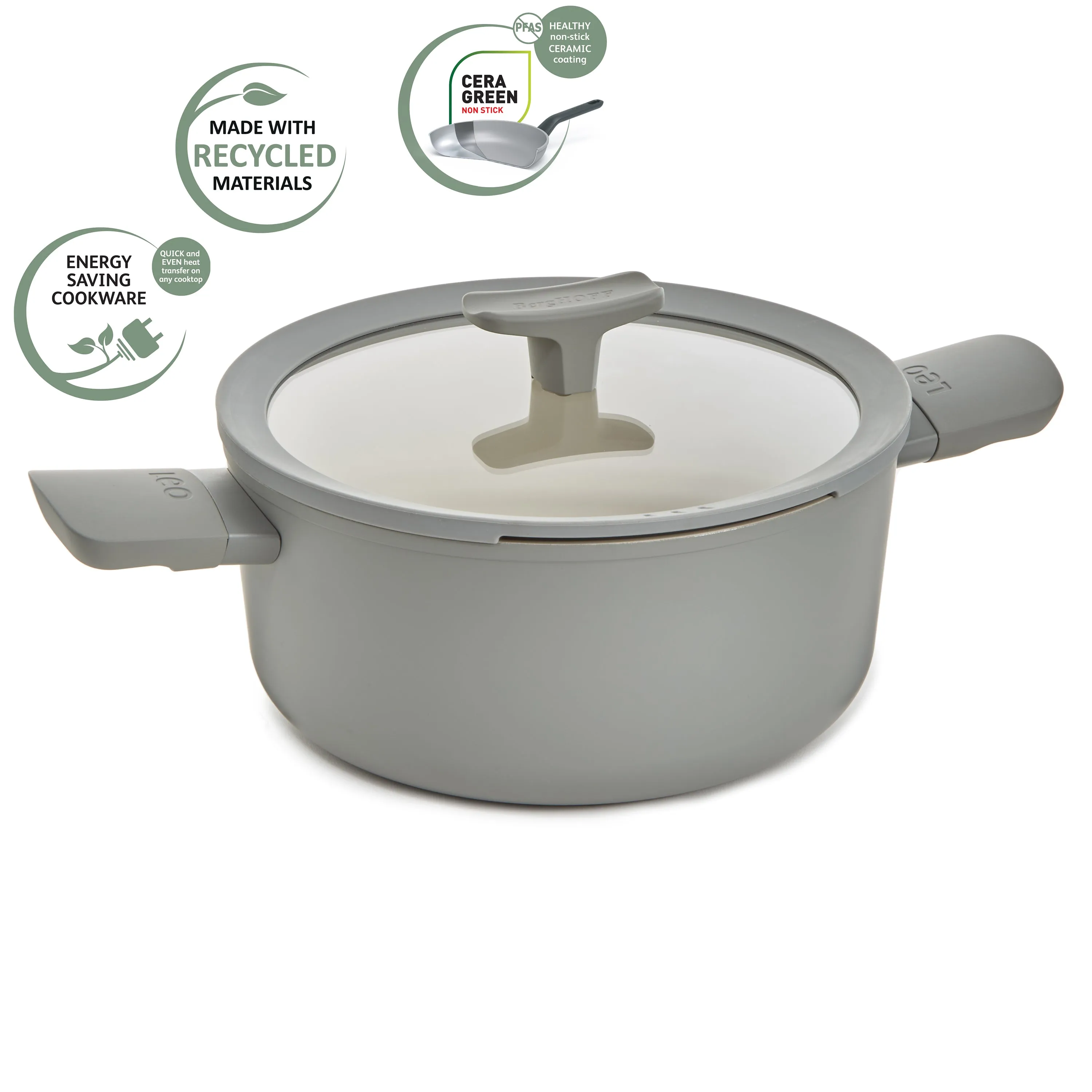 BergHOFF Balance Nonstick Ceramic Stockpot 10", 4.6qt. With Glass Lid, Recycled Aluminum, Moonmist