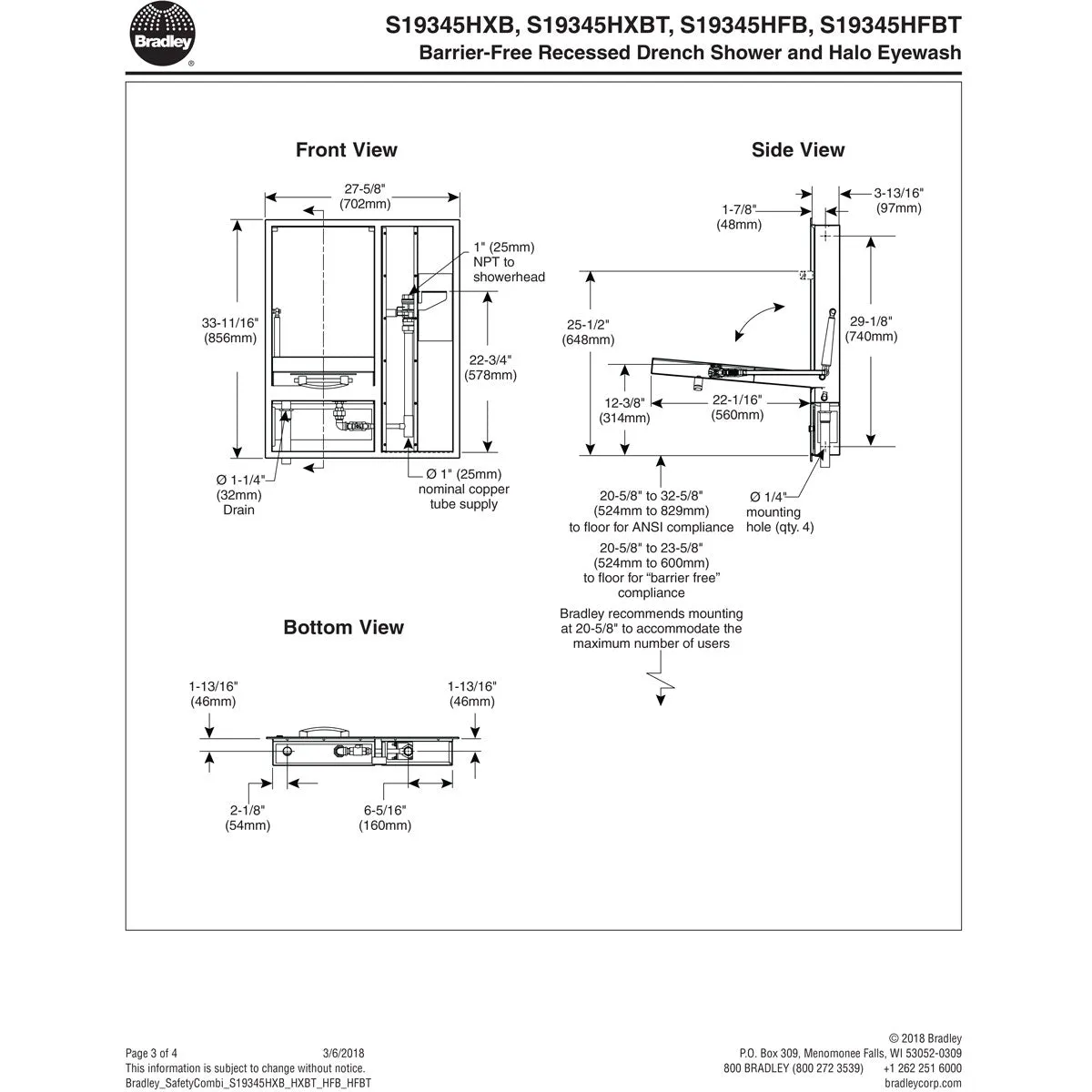 Bradley S19345HFBT Barrier Free Recessed Halo Eyewash & Drench Shower - Recessed Shower Handle, Flush-Mounted Showerhead and P-Trap