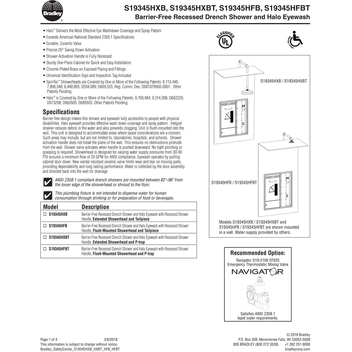 Bradley S19345HFBT Barrier Free Recessed Halo Eyewash & Drench Shower - Recessed Shower Handle, Flush-Mounted Showerhead and P-Trap