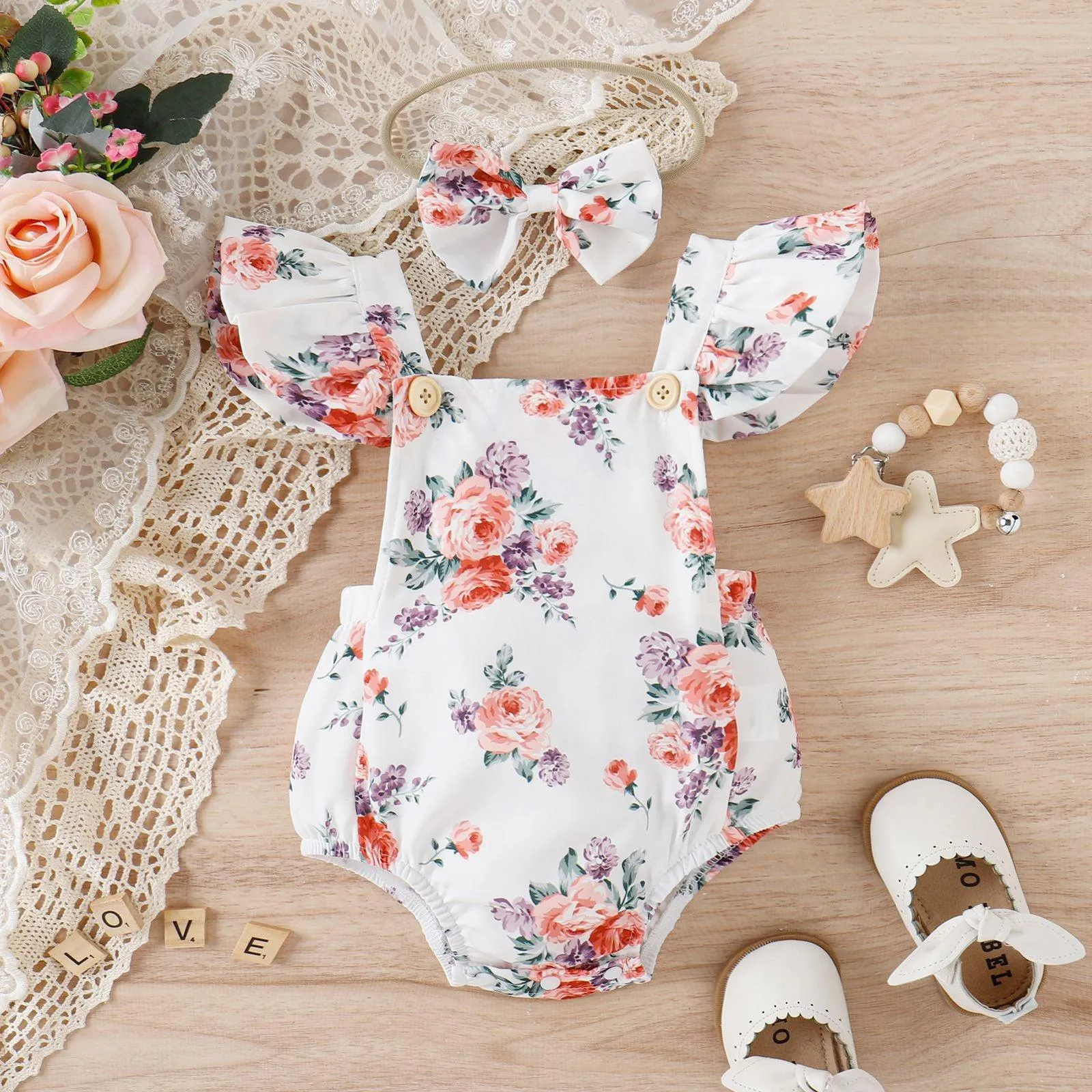 Infant Girls' Summer Printed Flying Sleeve Triangle Wrap Buttock Jumpsuit hair Band