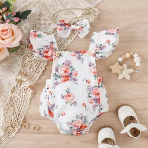 Infant Girls' Summer Printed Flying Sleeve Triangle Wrap Buttock Jumpsuit hair Band