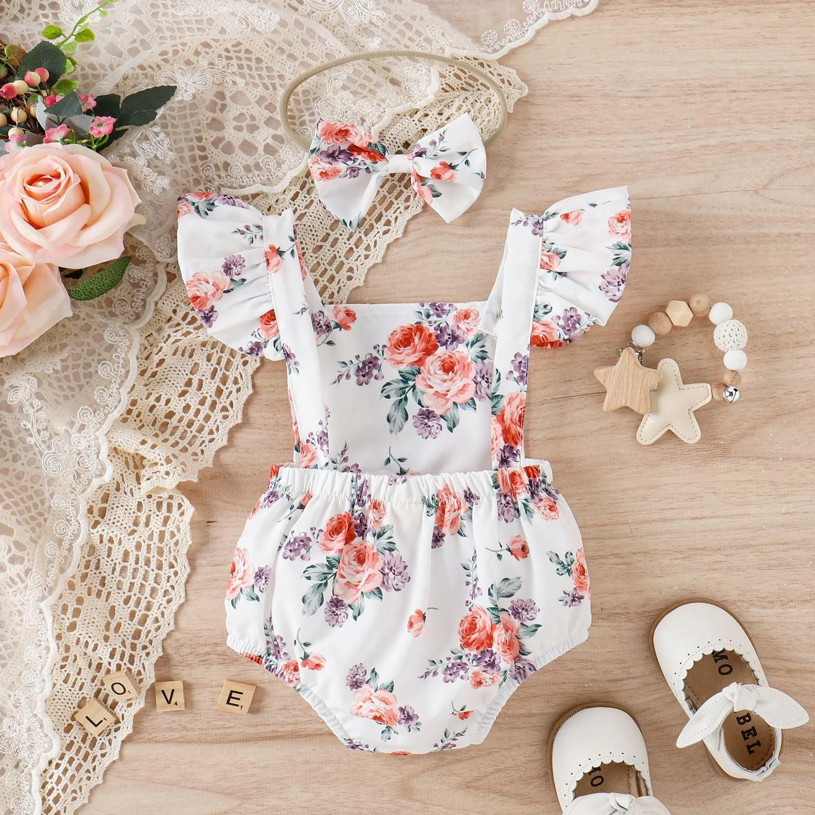 Infant Girls' Summer Printed Flying Sleeve Triangle Wrap Buttock Jumpsuit hair Band