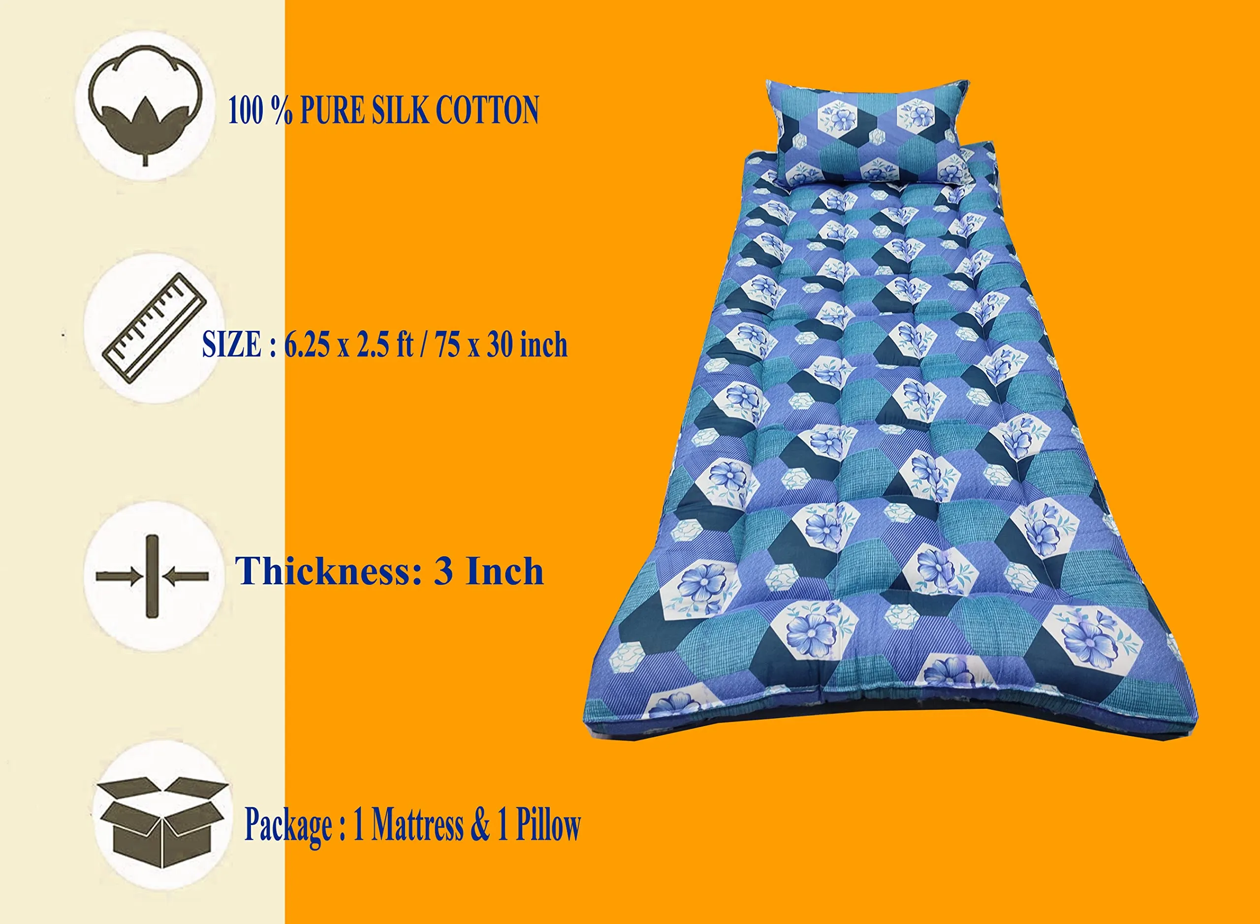 Ozone Mattress Organic Kapok Silk Cotton Ilavam Panju Foldable Hostel Bed Mattress,6.25 x 2.5 ft / 75 x 30 x 3 Inches, Multicolour