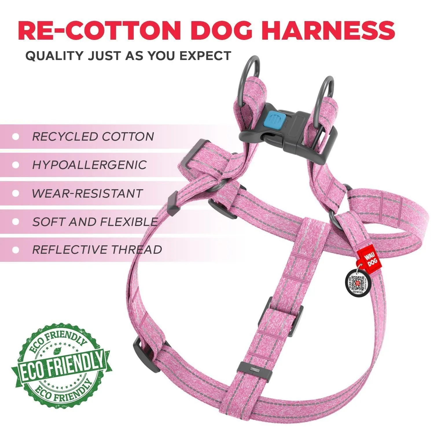 Pink Cotton Dog Harness Soft Eco Friendly Adjustable for Large Dogs L Size